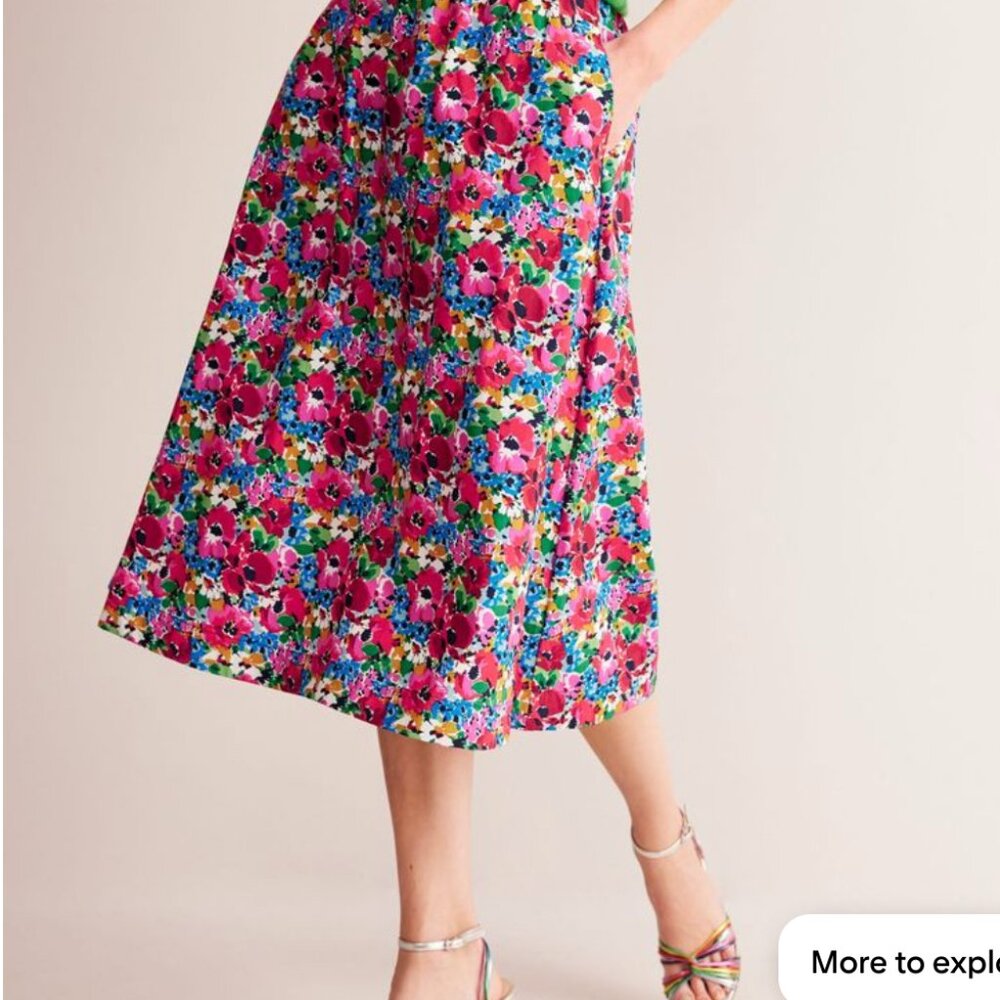 Boden Pink Floral Midi Skirt with Green & Blue Accents